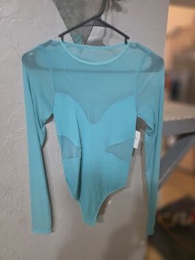 Aqua Turquoise Sheer-Panel Long Sleeve Bodysuit